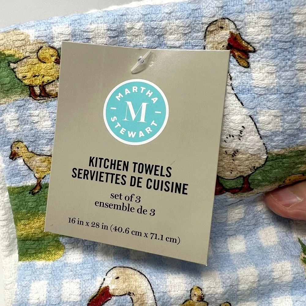 Martha Stewart Kitchen Towels (3) Ducks Blue Check White 100% Cotton NWT Goose